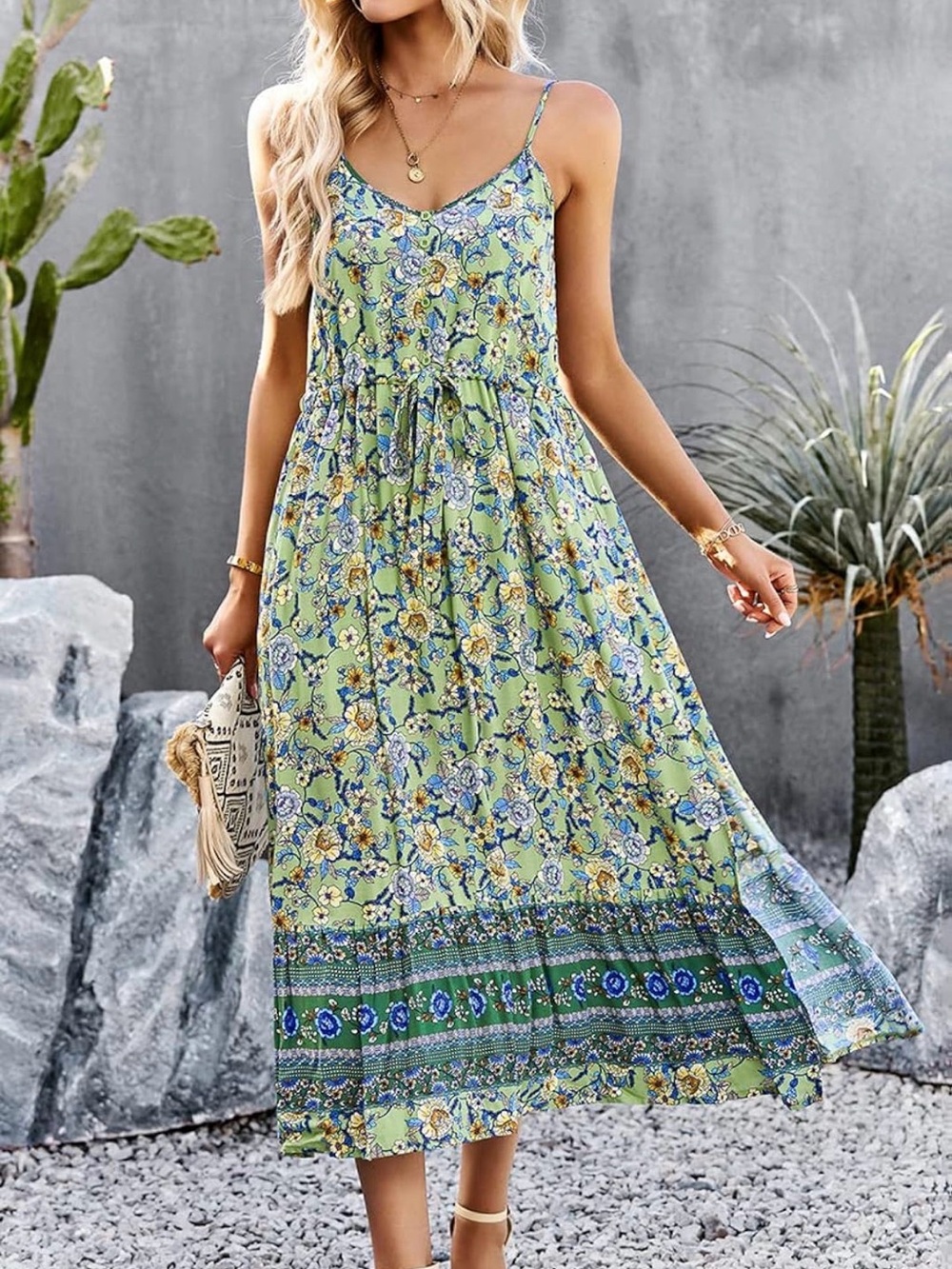 Green Floral Maxi Dress with V-Neck and Spaghetti Straps - Picture 2 of 9